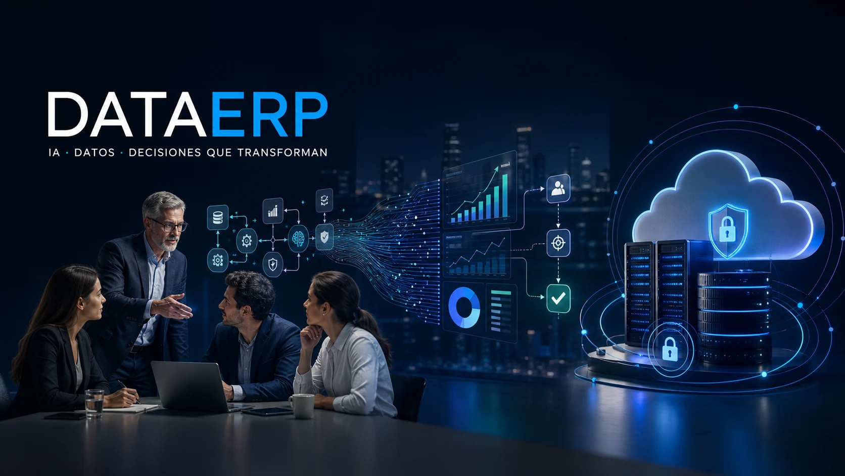 Equipo directivo conectando inteligencia artificial, datos e infraestructura segura
